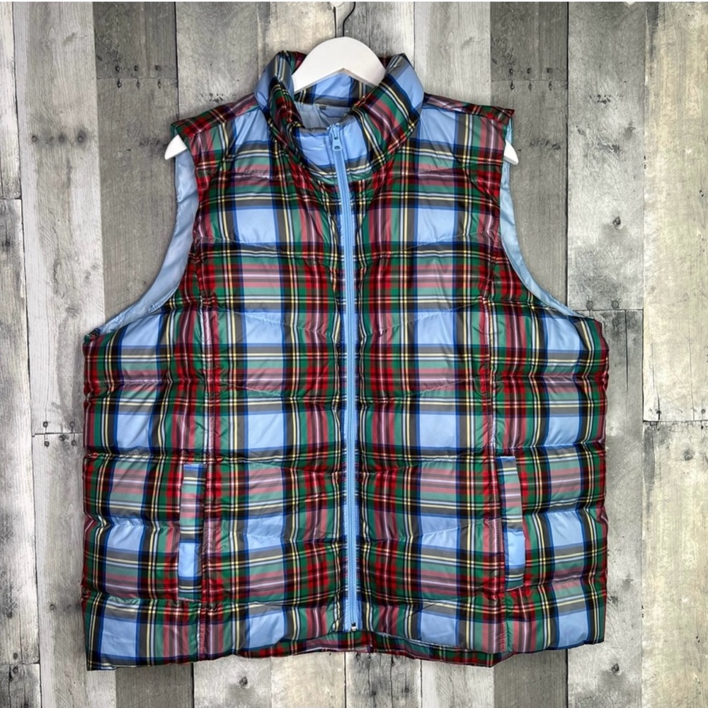 Festive LANDS’ END Down Puffer Plaid Quilted Vest Full Zip Size 2X